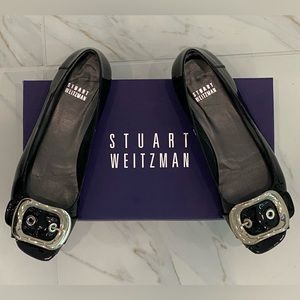 Stuart Weitzman Youngbuck Black Patent Flats with Buckle and Open-Toe
